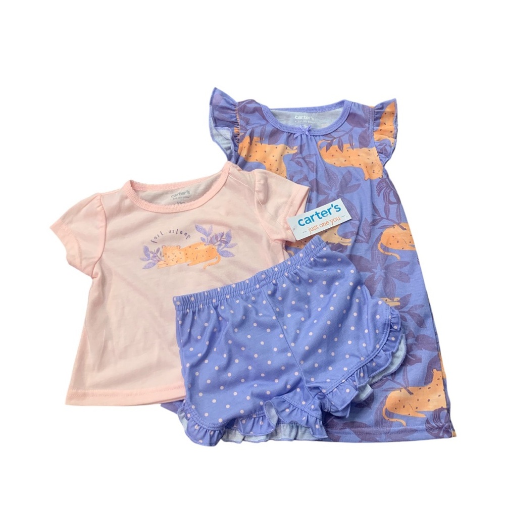 Carters NEW 3 Piece Shirt Shorts Dress Pink Purple 12 Mths Graphic “Fast Asleep”